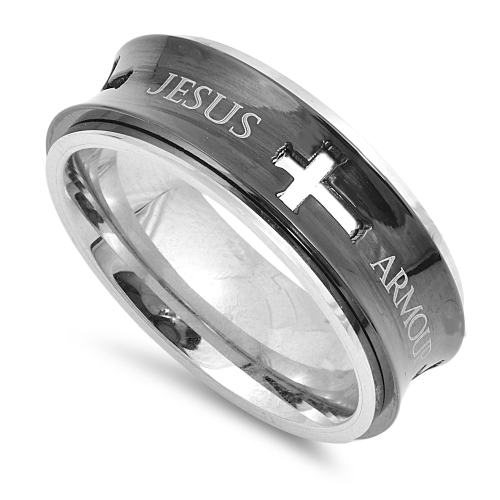 Armor of God Black Spinner Ring with Cross 1