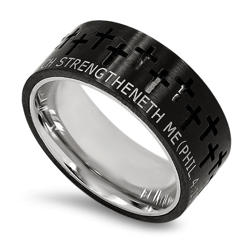 I can do all things thru Christ Phil 4:13 black cross ring