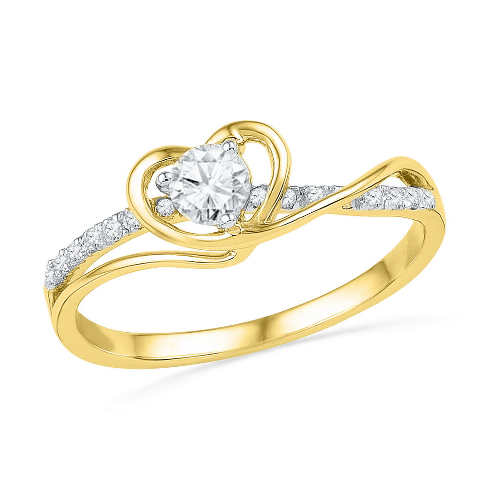 10kt Yellow Gold Womens Round Diamond Heart Love Promise Bridal Ring 1/4 Cttw
