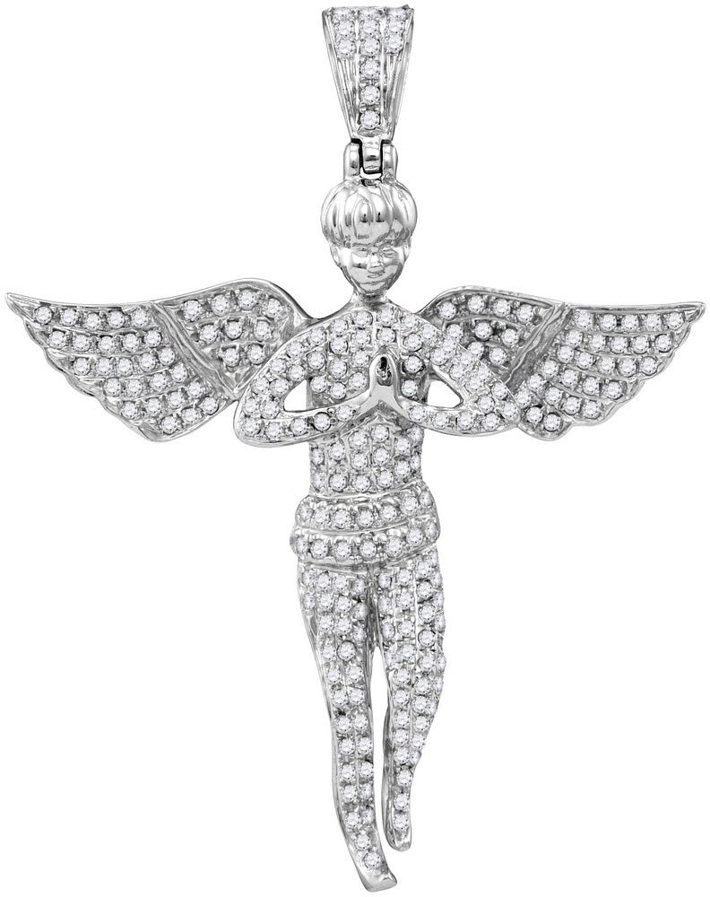 10kt White Gold Mens Round Diamond Angel Wings Religious Charm Pendant 1.00 Cttw