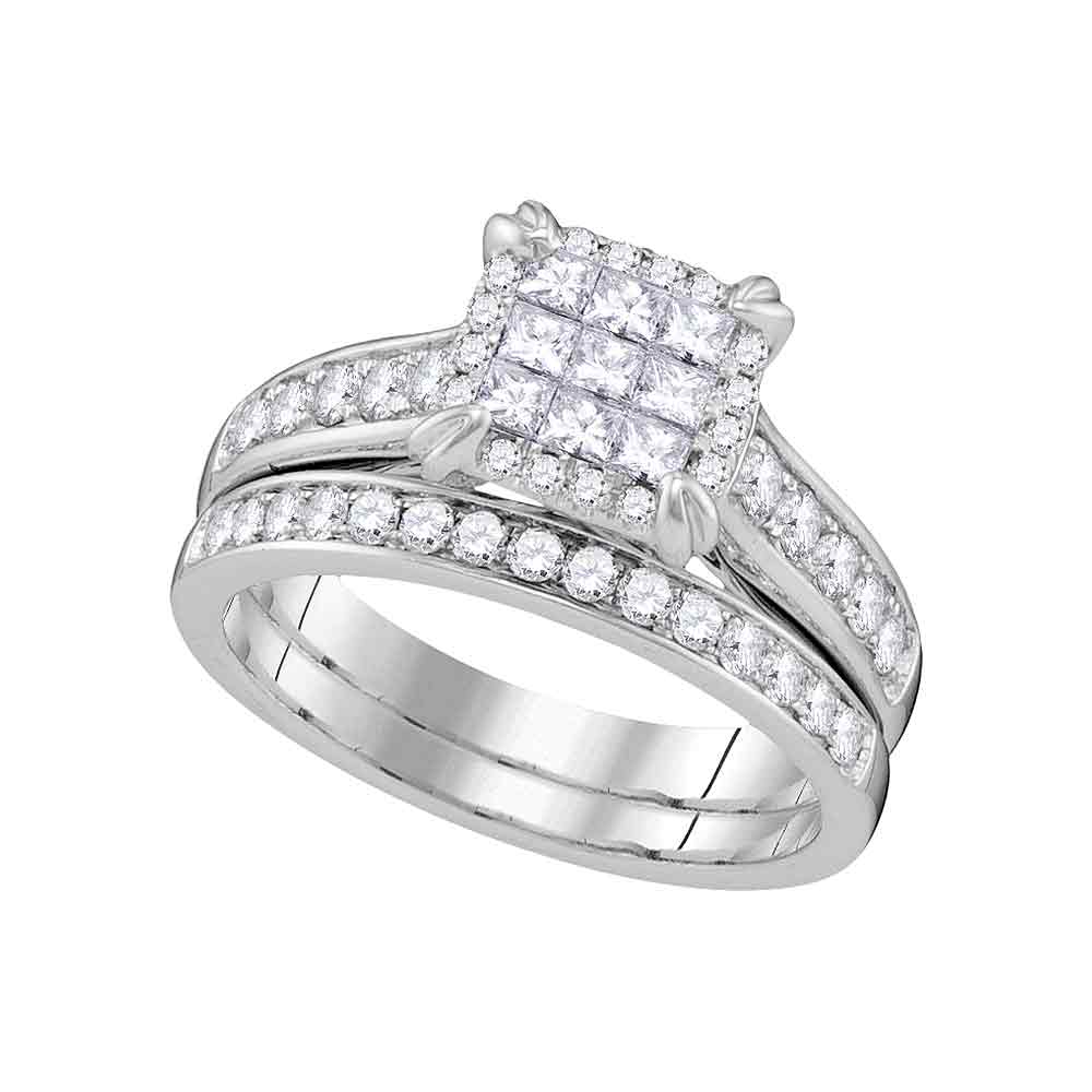 14kt White Gold Womens Princess Diamond Cluster Bridal Wedding Engagement Ring Band Set 1.00 Cttw