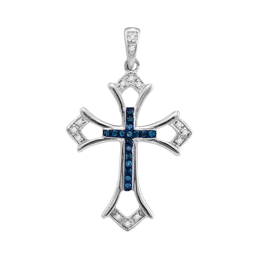 Sterling Silver Cross Pendant with Blue Stones 1/10 Cttw