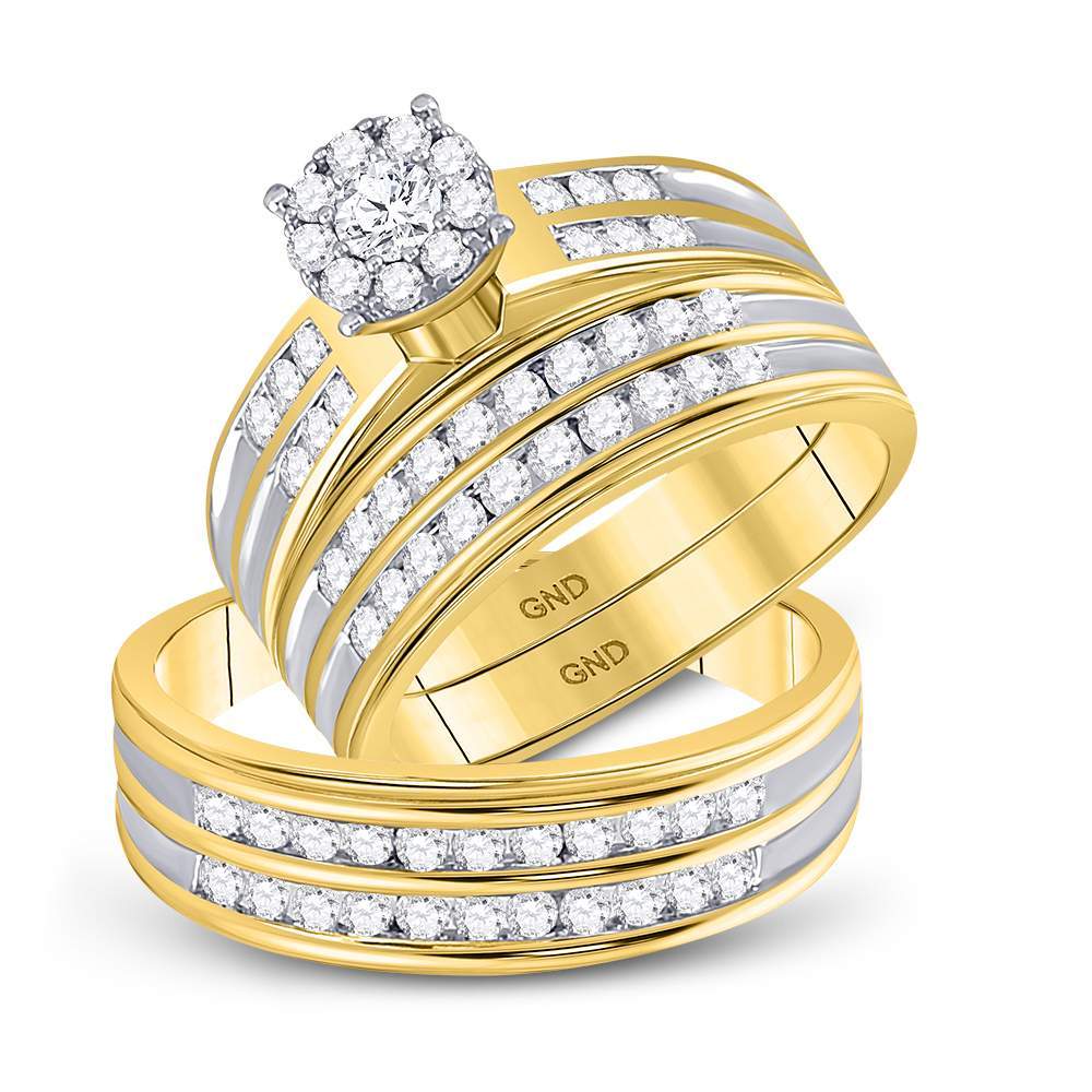 14kt Yellow Gold His & Hers Round Diamond Cluster Matching Bridal Wedding Ring Band Set 1-1/5 Cttw