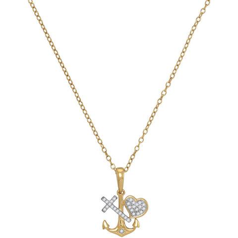 10K Gold Heart and Cross Necklace for Women with Diamonds & Anchor 1/12 Cttw