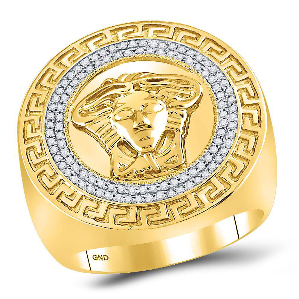 10kt Yellow Gold Mens Round Diamond Medusa Face Greek Key Fashion Ring 1/3 Cttw