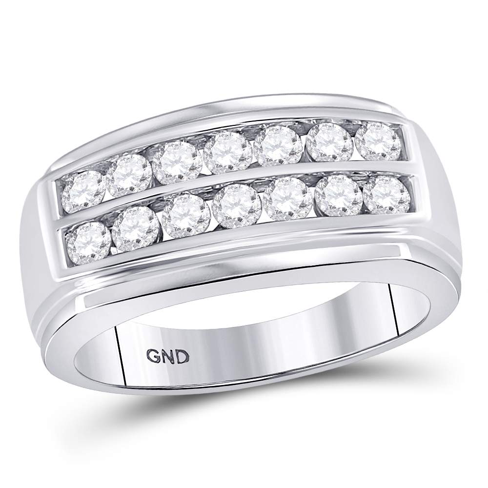 14kt White Gold Mens Round Diamond Double Row Band Ring 1-1/8 Cttw