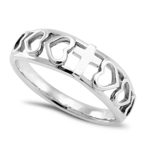 Amazing Grace Ring with Heart Cutout and Cross, Stainless Steel