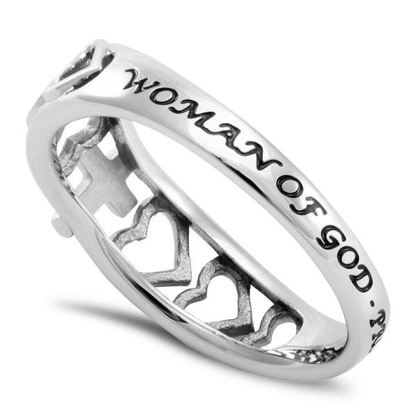 Woman Of God Ring with Heart Cutout and Cross, Stainless Steel