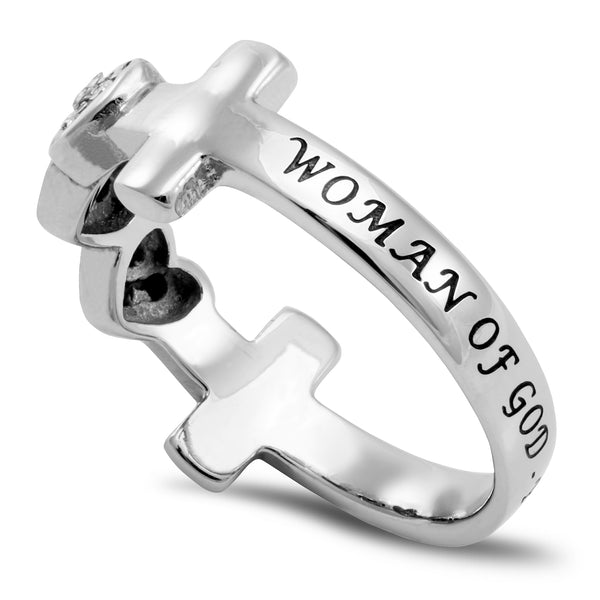 WOMAN OF GOD Cross and Heart Ring with Stones, Stainless Steel