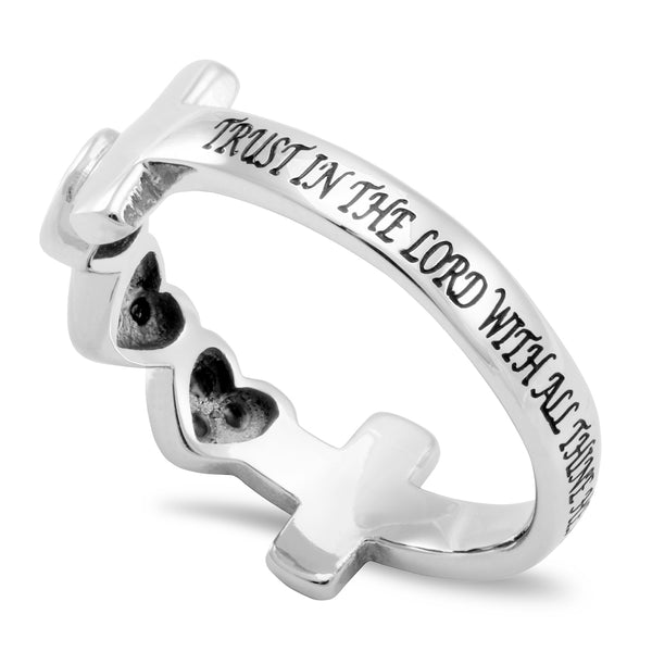 TRUST IN THE LORD Cross and Heart Ring with Stones, Stainless Steel