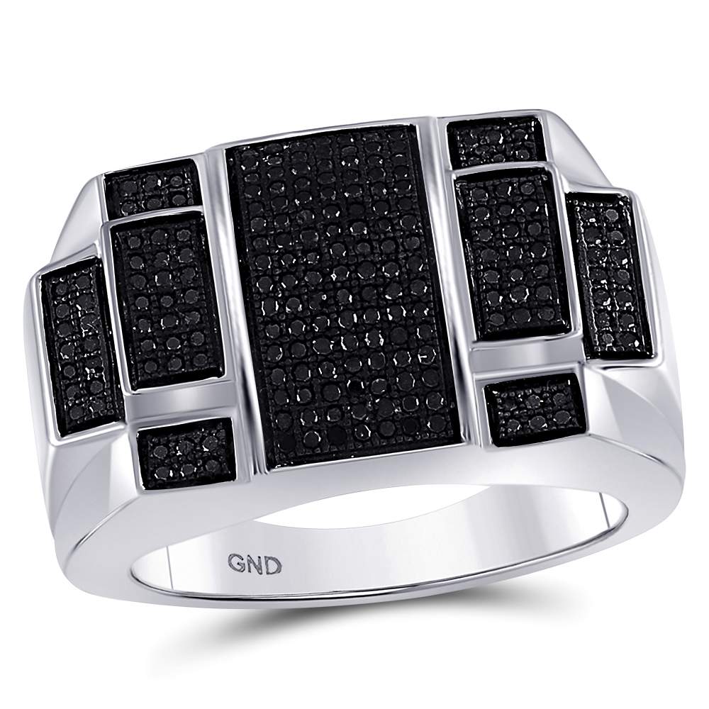 Sterling Silver Mens Round Black Color Enhanced Diamond Rectangle Cluster Ring 5/8 Cttw