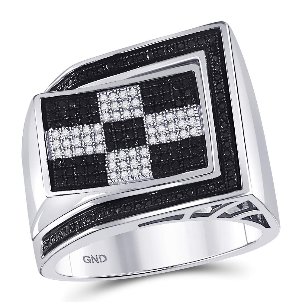 Sterling Silver Mens Round Black Color Enhanced Diamond Checkered Ring 1/2 Cttw