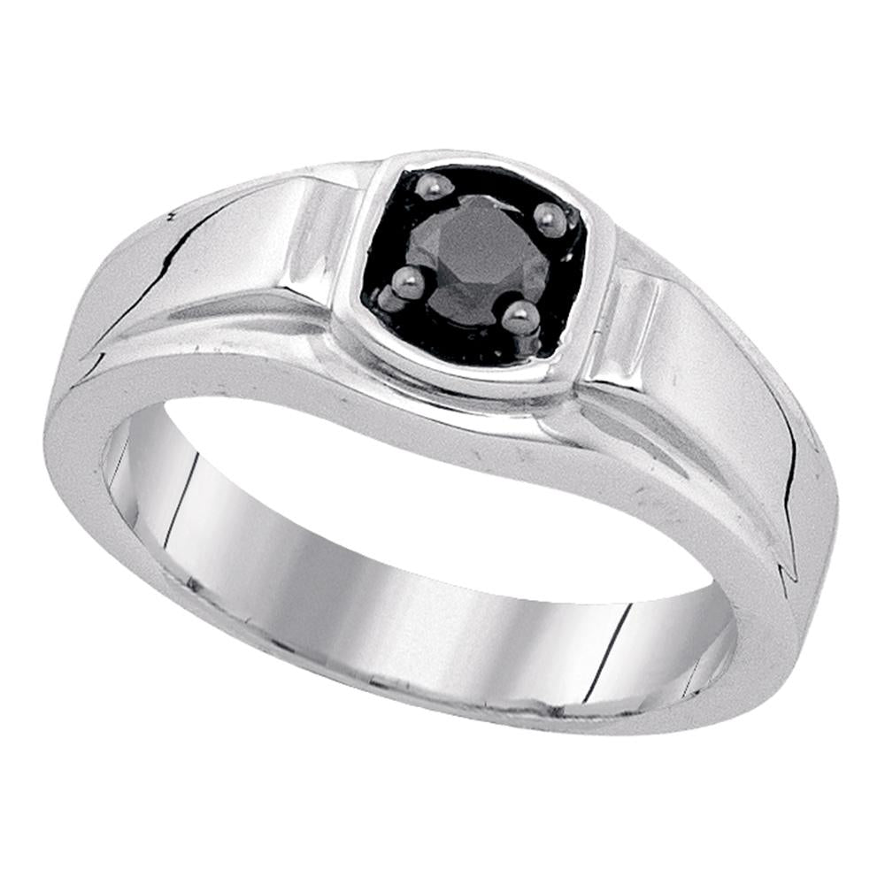 Sterling Silver Mens Round Black Color Enhanced Diamond Solitaire Ring 1/2 Cttw