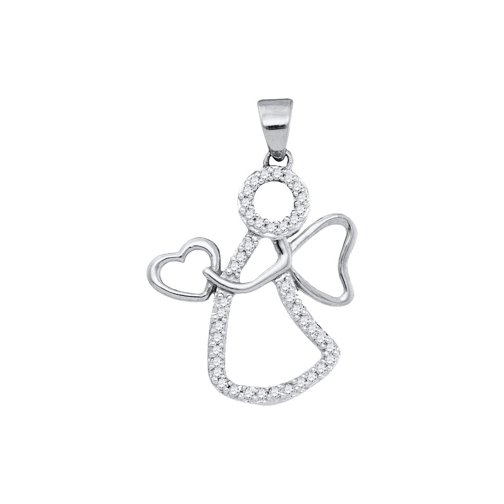 10kt White Gold Womens Round Diamond Guardian Angel Heart Pendant 1/8 Cttw