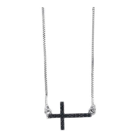 Women's Black Cross Necklace Sideways Style, 10K White Gold with Diamonds 1/10 Cttw