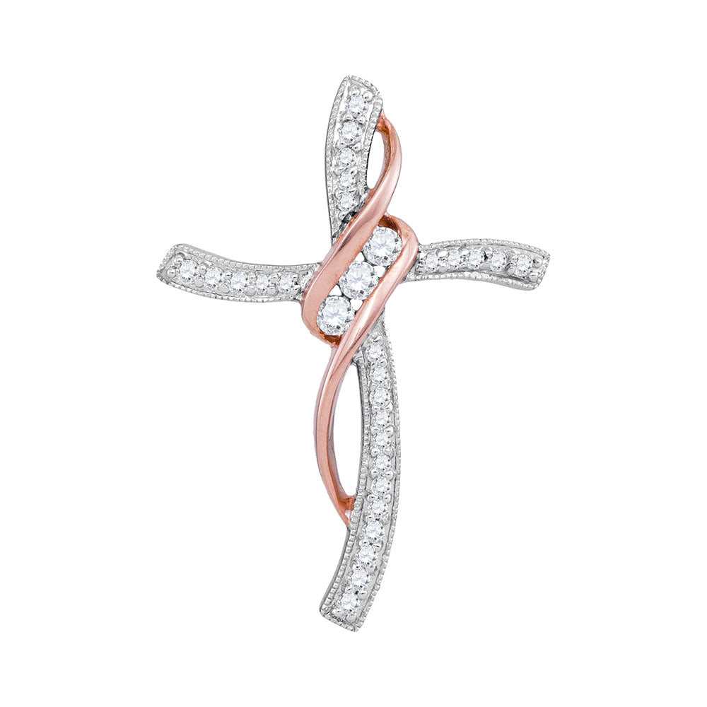 White Gold Cross Pendant for Women with Rose Gold Tassel, Diamond Studded 1/5 Cttw