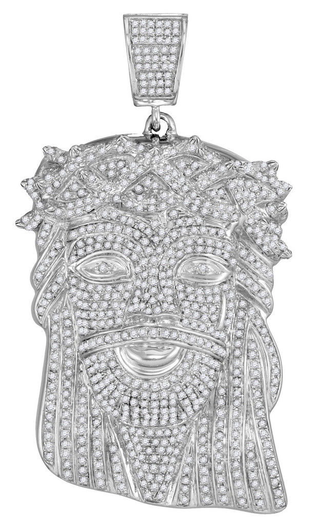 Iced Out Jesus Head Pendant, 10K White Gold with Real Diamonds 3-3/4 Cttw