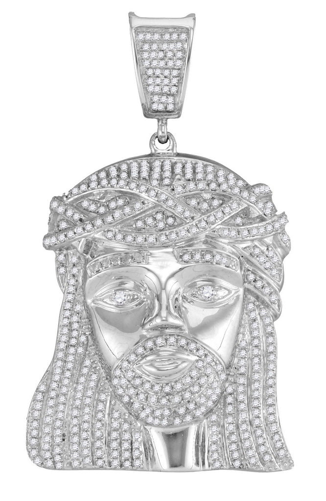 White Gold Jesus Pendant with Diamonds, Religious Theme, 10K 1-7/8 Cttw