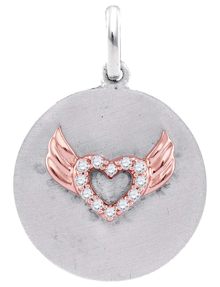 Sterling Silver Womens Round Diamond Angel Wings Heart Medallion Pendant 1/20 Cttw