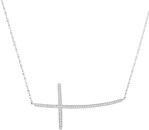 10Kt White Gold Horizontal Cross Necklace with Diamond Stones 1/6 Cttw