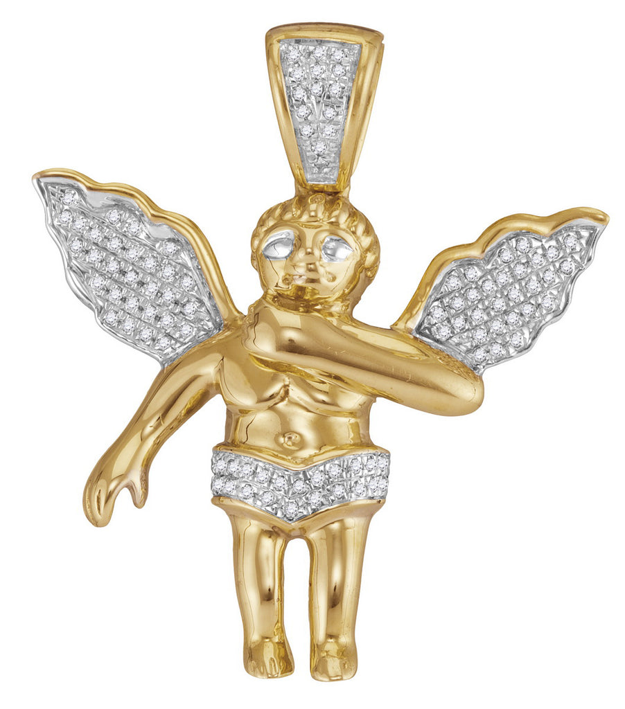 10k Yellow Gold Mens Diamond Polished 3D Guardian Angel Cherub Charm Pendant 1/6 Cttw