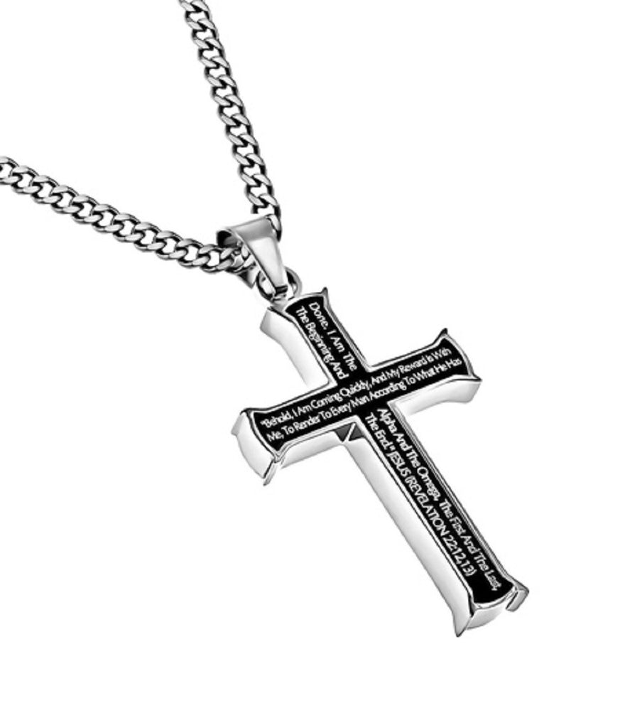 Revelation 22:12,13 Black Cross Necklace ALPHA OMEGA Bible Verse, Stainless Steel Thick Chain