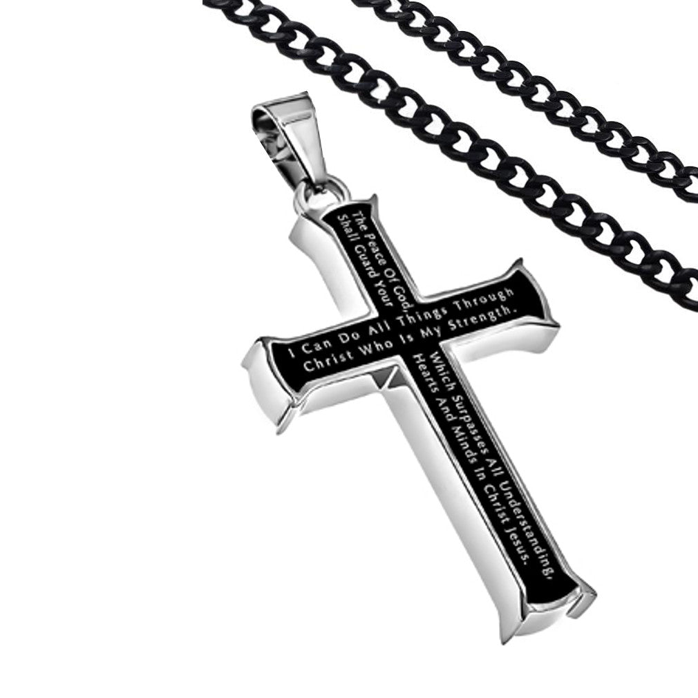 Philippians 4:7, 13 Jewelry Black Cross Necklace Bible Verse, Stainless Steel with Curb Chain