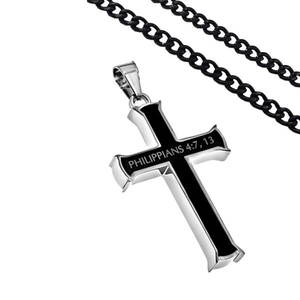Philippians 4:7, 13 Jewelry Black Cross Necklace Bible Verse, Stainless Steel with Curb Chain