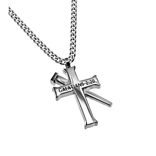 GALATIANS 2:20 Cross and Nail Necklace with Bible Verse, Stainless Steel Curb Chain