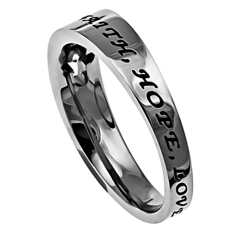 Faith Hope Love Ring 1 Corinthians 13:13 Bible Verse, Stainless Steel Cut Out Cross