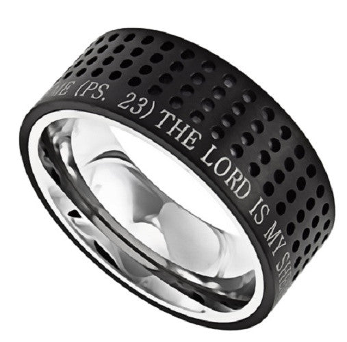 Black Christian Ring, Bible Verse Psalm 23 FEAR NO EVIL, Dotted
