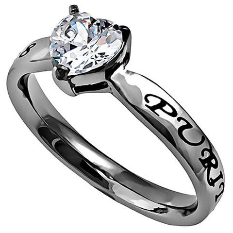 Solitaire Heart Chastity Ring, Christian Bible Verse, Stainless Steel