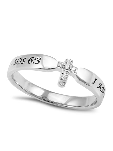 SONG OF SOLOMON 6:3 Small Cross Ring for Her, Clear CZ Stones, Stainless Steel