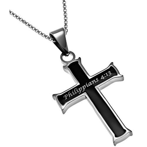 Women's I Can Do All Things Through Christ Necklace, Black Stainless Steel Cross Pendant