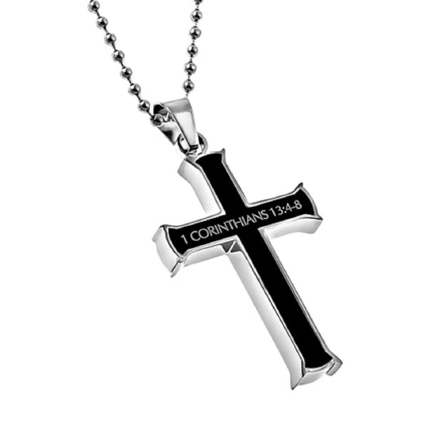 1 Corinthians 13:4-8 Black Cross Necklace LOVE IS Bible Verse, Stainless Steel Bead Chain