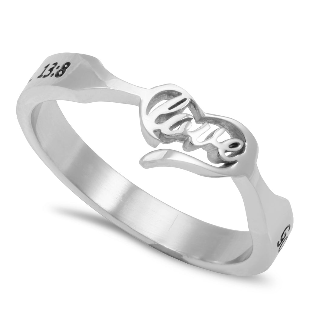 1 CORINTHIANS 13:8 Heart and Word Women's Ring, Stainless Steel