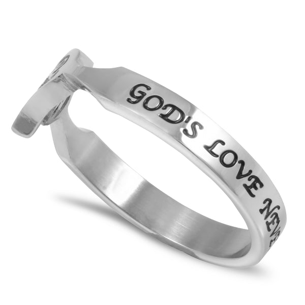 1 CORINTHIANS 13:8 Heart and Word Women's Ring, Stainless Steel
