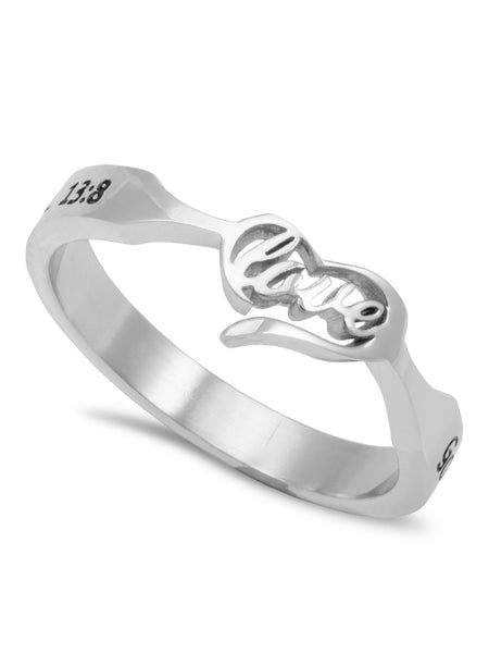 1 CORINTHIANS 13:8 Heart and Word Women's Ring, Stainless Steel