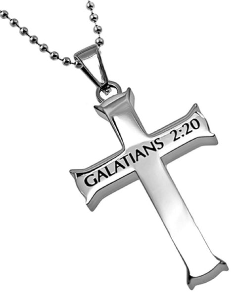 Galatians 2:20 Necklace, Cross Pendant NO LONGER Bible Verse, Stainless Steel with Bead Chain