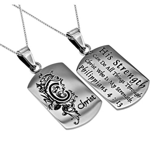 Women's Monogram "C" Christian Dog Tag, Philippians 4:13 CHRIST, Stainless Steel Chain
