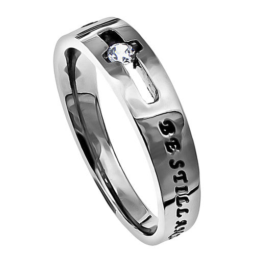 Psalm 46:10 Ring Be Still and Know that I am God, Stainless Steel with Cut Out Cross