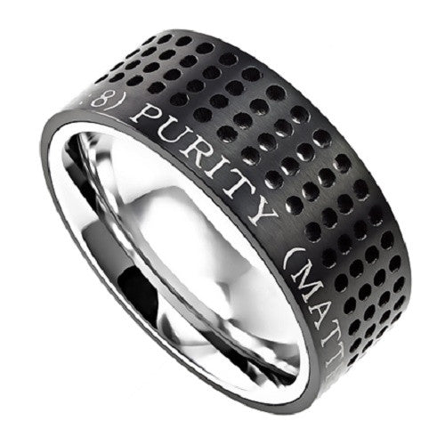 Black Christian Ring, Bible Verse Matthew 5:8 PURITY, Dotted