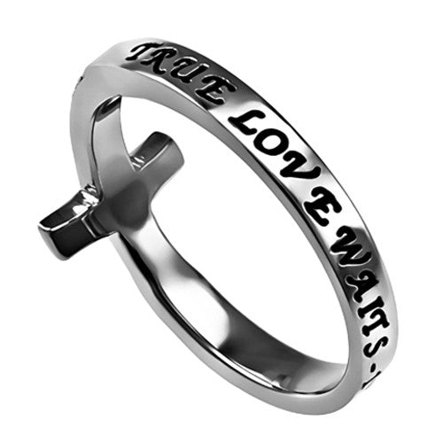 True Love Waits Purity Ring for Teen Girls, Sideways Cross Stainless Steel