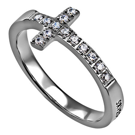 SAVED BY GRACE Ring Bible Verse, Sideways Cross Stainless Steel with Clear CZ Stones