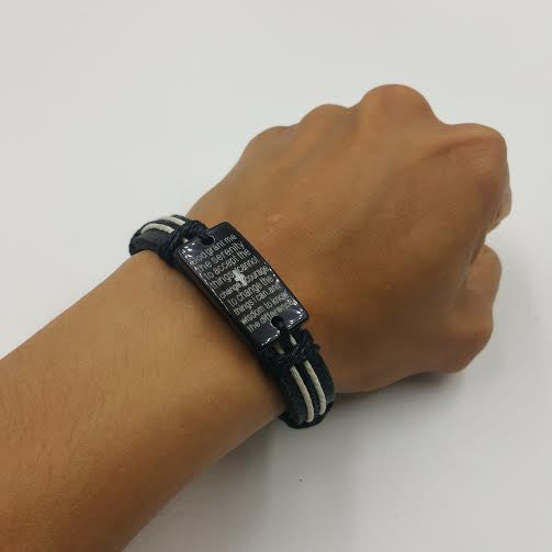 Black Serenity Prayer Bracelet Cross on Adjustable Faux Leather