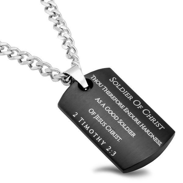 2 Timothy 2:3 Black Dog Tag Cross Sword Necklace with Steel Curb Chain