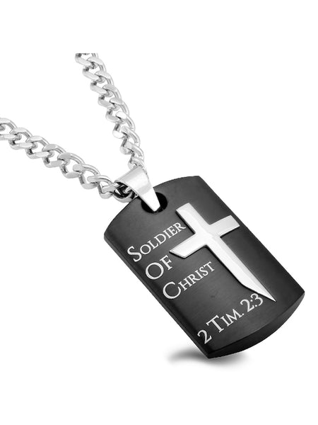 2 Timothy 2:3 Black Dog Tag Cross Sword Necklace with Steel Curb Chain