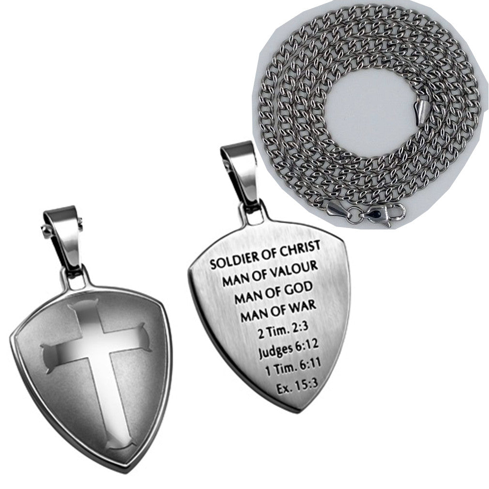 Soldier of Christ Man Of God Necklace, Stainless Steel, Cross Shield with Chain