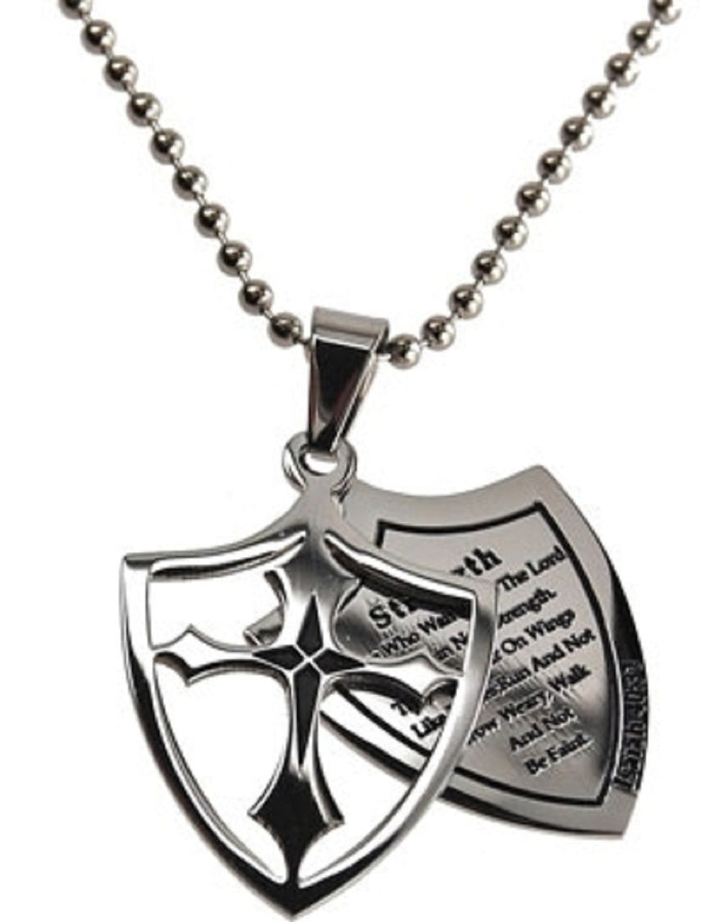 Strength Necklace Two Piece Cross Shield with Bible Verse, Stainless Steel Ball Chain