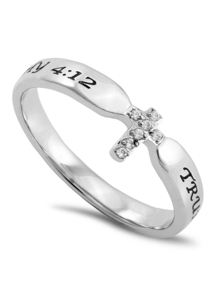1 TIMOTHY 4:12 Small Cross Ring for Her, Clear CZ Stones, Stainless Steel